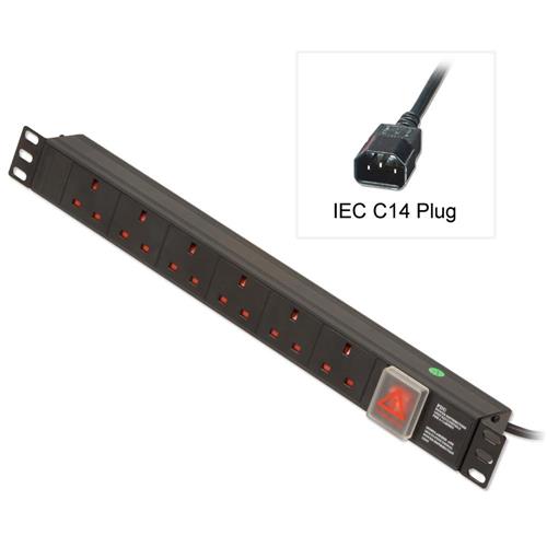 Lindy 1U 6 Way UK Sockets Horizontal PDU with IEC C14 Cable