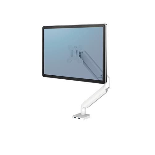 Fellowes Platinum Series Monitor Arm - Monitor Mount for 8KG 40 Inch Screens - Adjustable Monitor Desk Mount - Tilt 45 Pan 180 Swivel 360 Rotation 360 VESA 75 x 75/100 x 100 - White