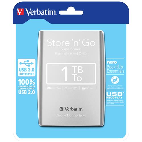 Verbatim Store 'n' Go USB 3.0 Portable Hard Drive 1TB Silver. HDD capacity: 1 TB HDD size: 2.5". USB version: 3.2 Gen 1 (3.1 Gen 1). Product colour: Silver