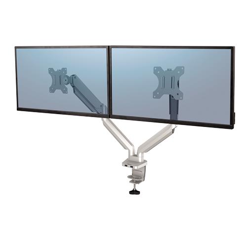 Fellowes Platinum Series Dual Monitor Arm - Monitor Mount for Two 8KG 40 Inch Screens - Adjustable Dual Monitor Desk Mount - Tilt 45 Pan 180 Swivel 360 Rotation 360 VESA 75 x 75/100 x 100 - Silver