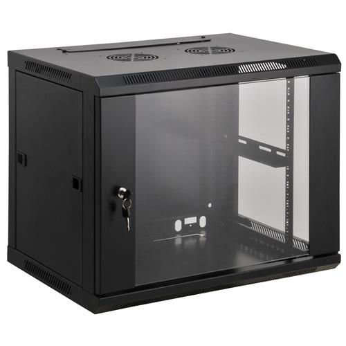 Intellinet 19" Network Cabinet - Wall Mount (Standard) 9U 600mm Deep Black Assembled Max 60kg Suitable also for use on desk or floor Usable Depth 500mm Metal & Glass Door Back Panel Removeable Sides Parts for wall install (eg screws/rawl p